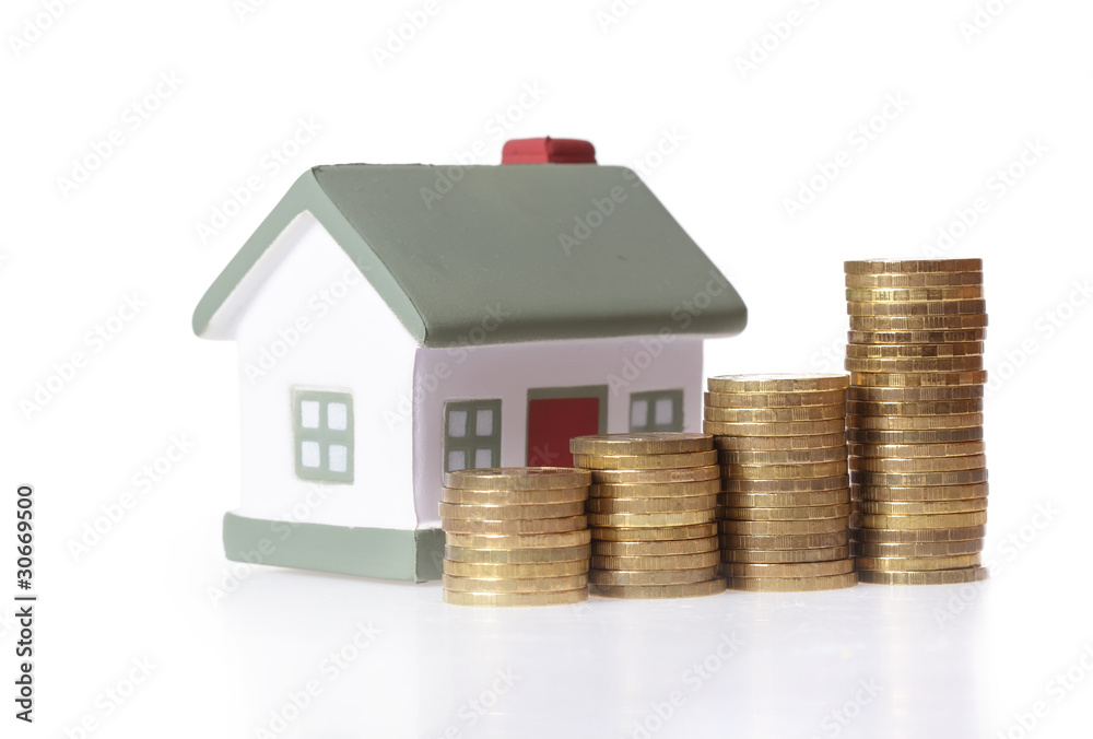 Toy small house and coins in the form of the diagram. Toy small house and coins in the form of the diagram.