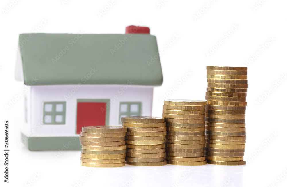 Toy small house and coins in the form of the diagram. Toy small house and coins in the form of the diagram.