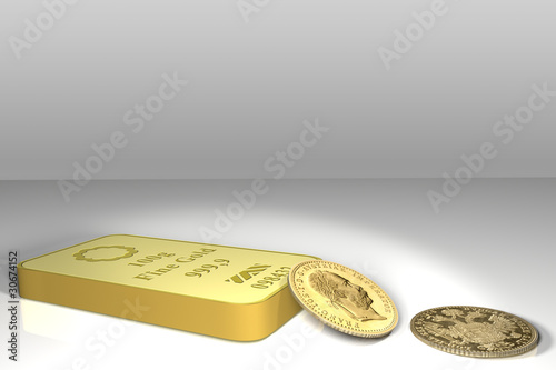 Goldbarren mit Münzen