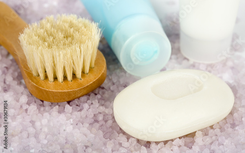 Spa and bodycare - cosmetic brush  soap  salt and lotion