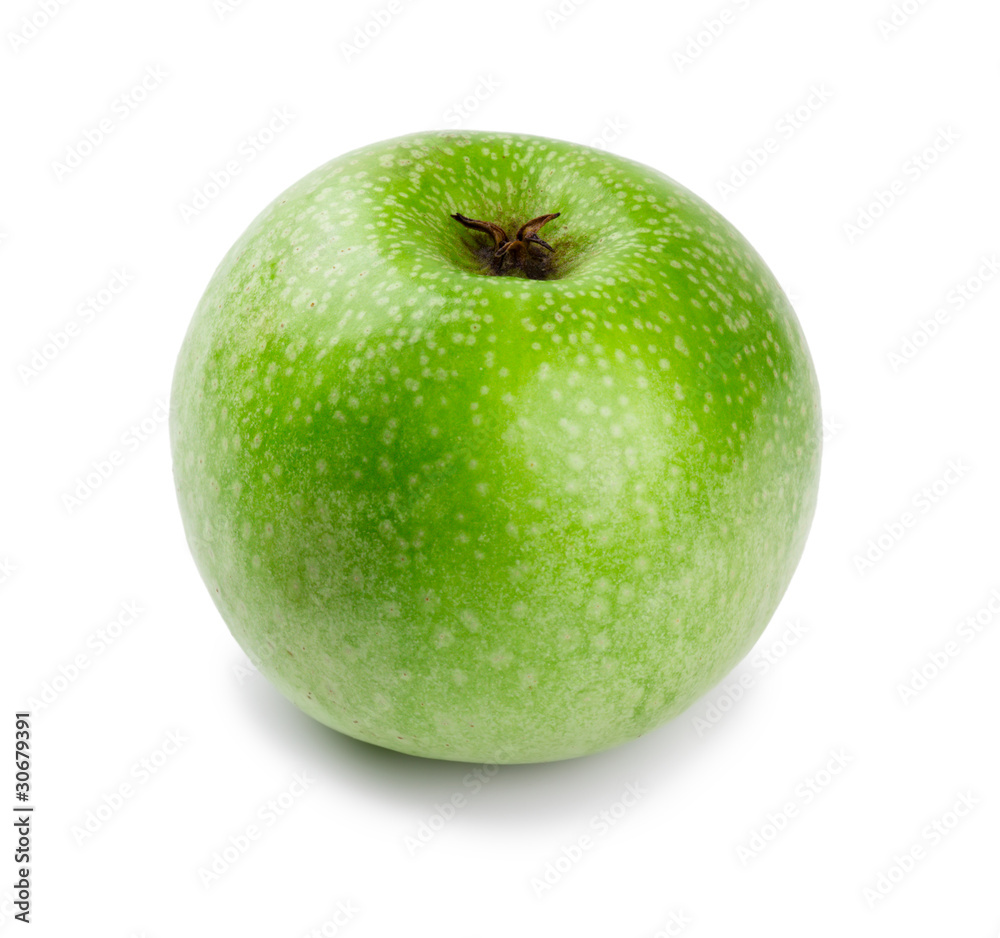 Ripe and juicy green apple a shank downwards isolated on a white Ripe and juicy green apple a shank downwards isolated on a white