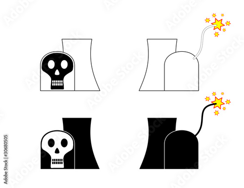 Symbolic nuclear power plant with skull and match cord