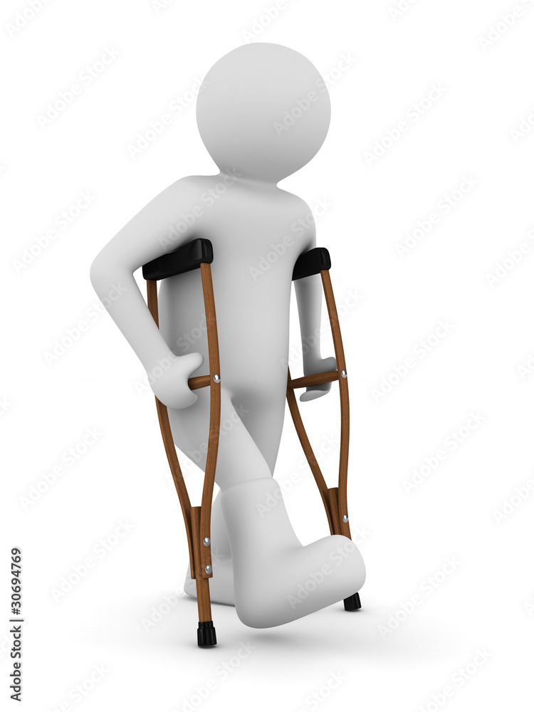 man on crutches on white background. Isolated 3D image