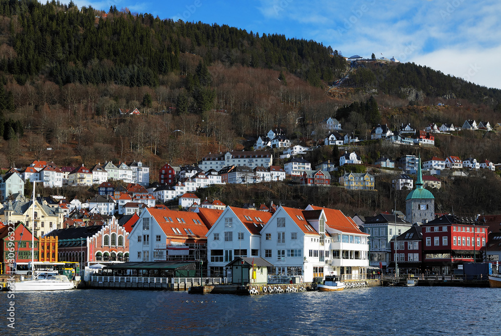 View on the Bryggen and Mount Floyen in Bergen, Norway