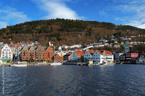 View on the Bryggen and Mount Floyen in Bergen, Norway