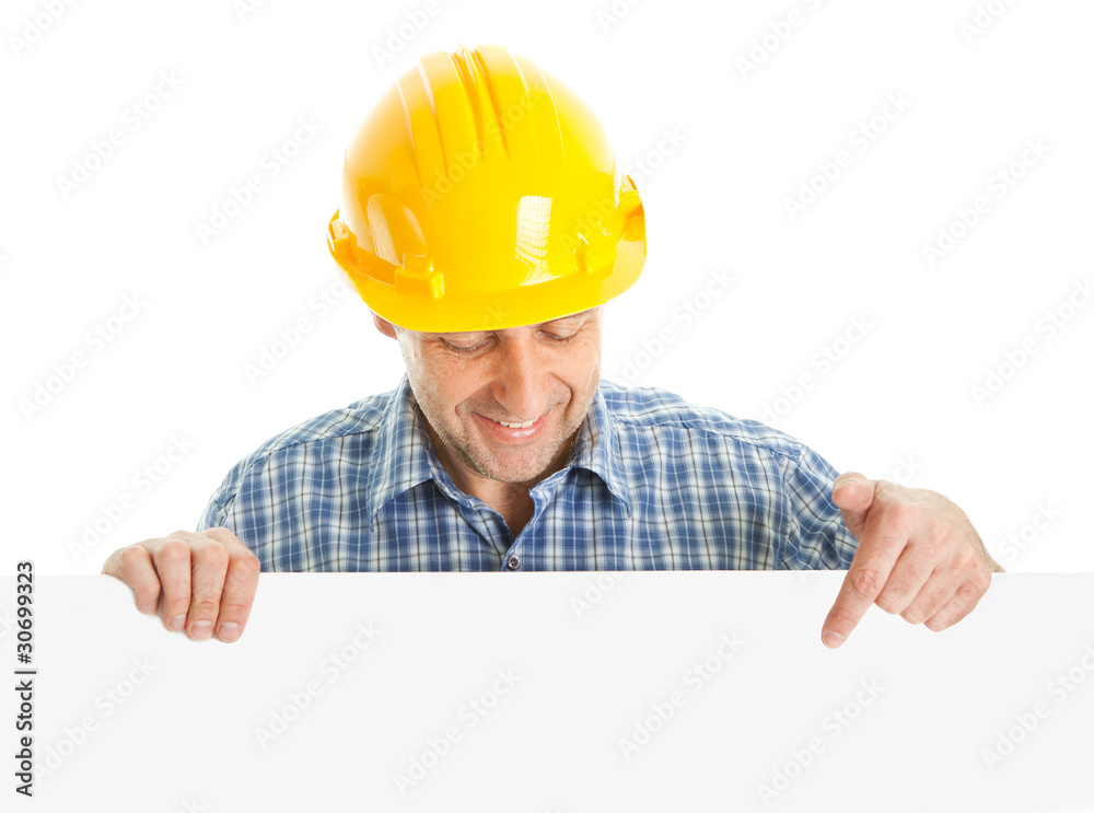 Confident worker presenting empty board Confident worker presenting empty board