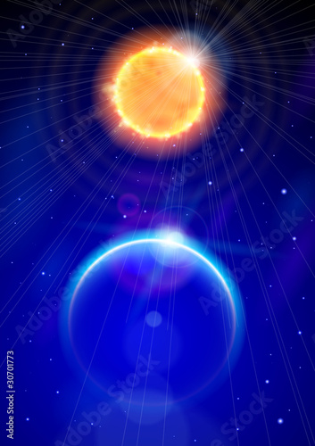 Sun & Earth in the depths of blue space. Eps10