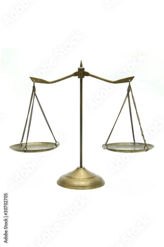 golden brass scales of justice on white