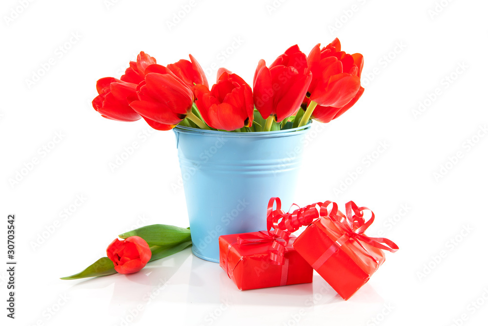 Bucket with tulips and red presents over white background Bucket with tulips and red presents over white background