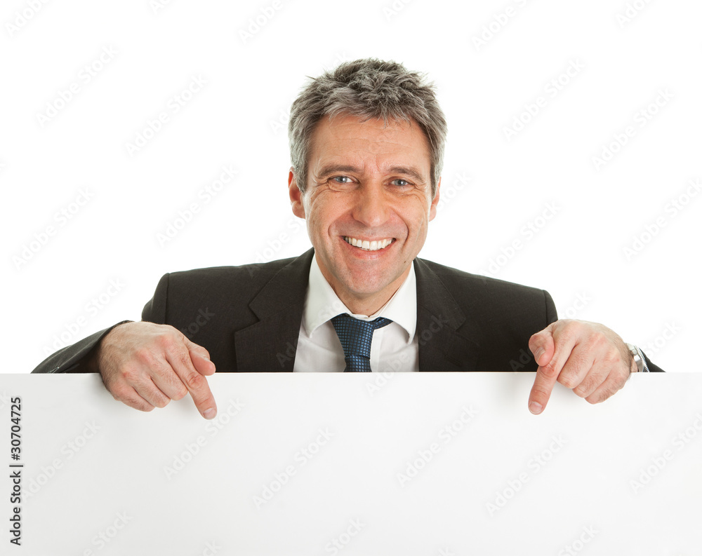 Confident businessmen presenting empty board Confident businessmen presenting empty board