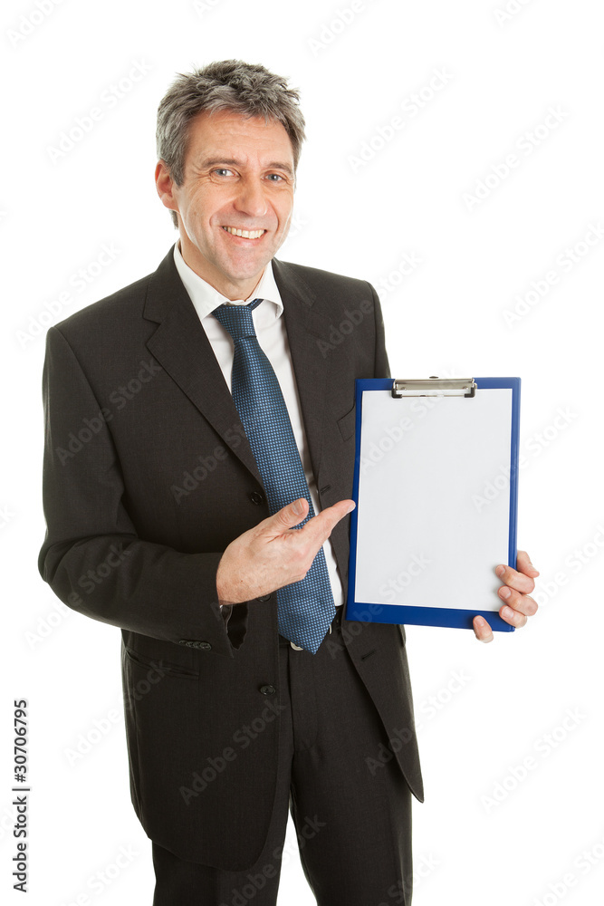 Confident businessmen presenting empty document Confident businessmen presenting empty document