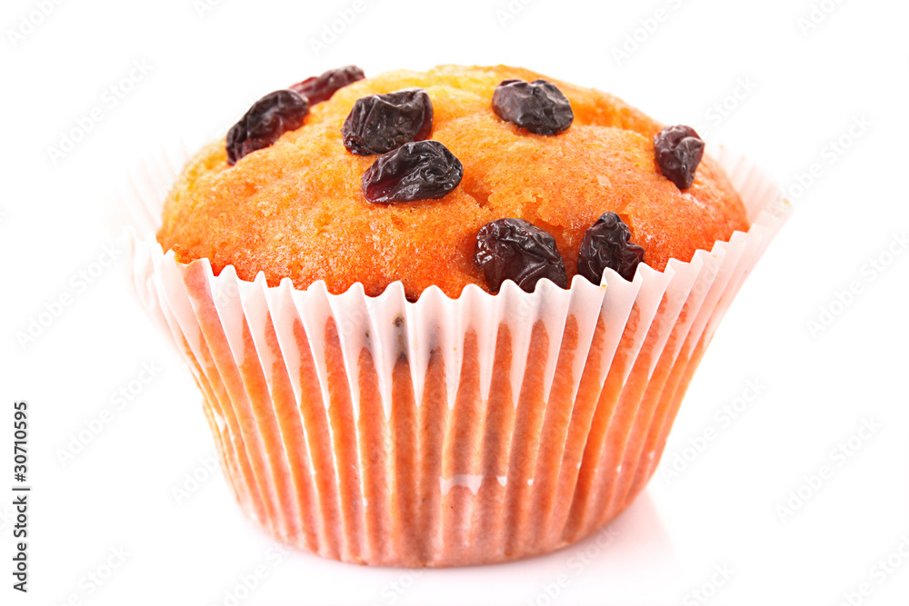 Muffin with raisins isolated on white Muffin with raisins isolated on white