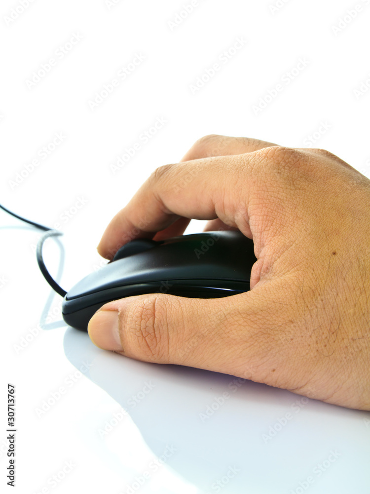 Hand on computer's mouse on white background Hand on computer's mouse on white background