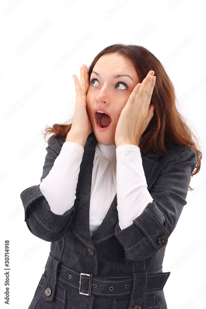 portrait of surprised young woman over grey background portrait of surprised young woman over grey background