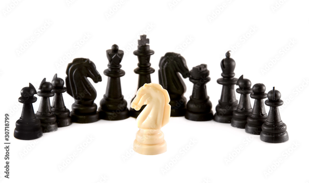 one white knight in front of black chess isolated