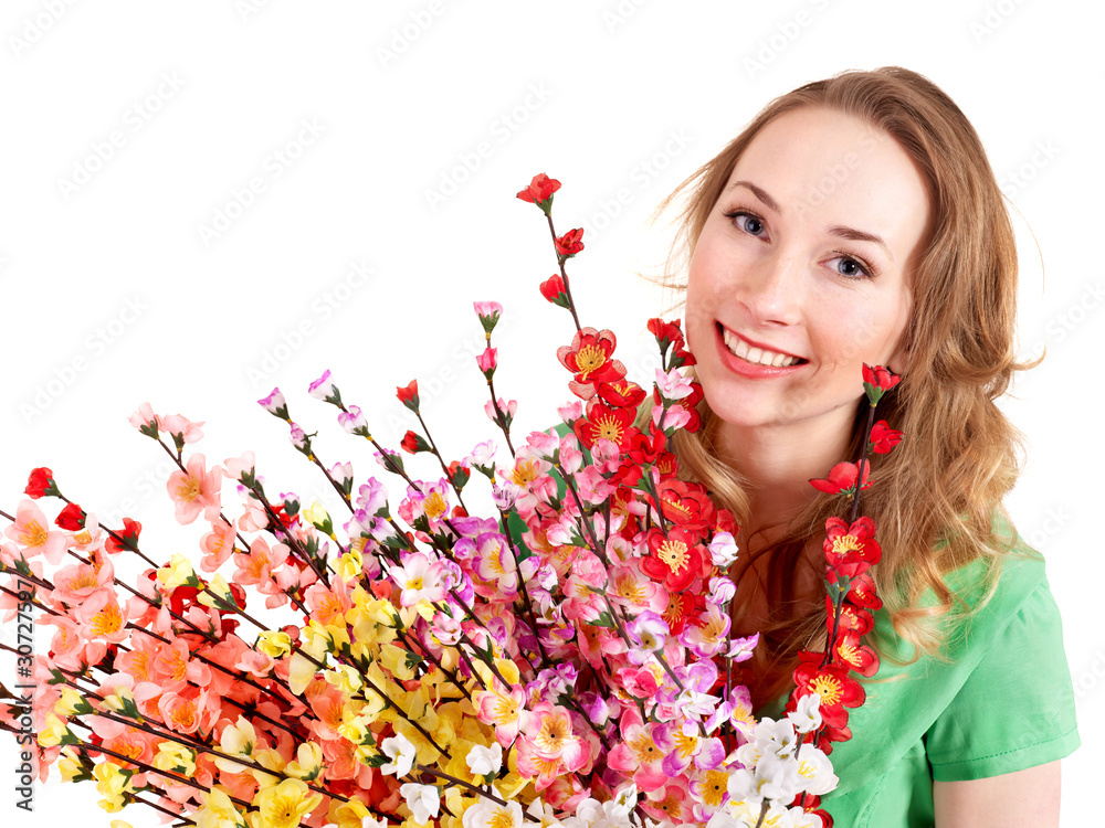 Fototapeta premium Beautiful girl with spring flower.
