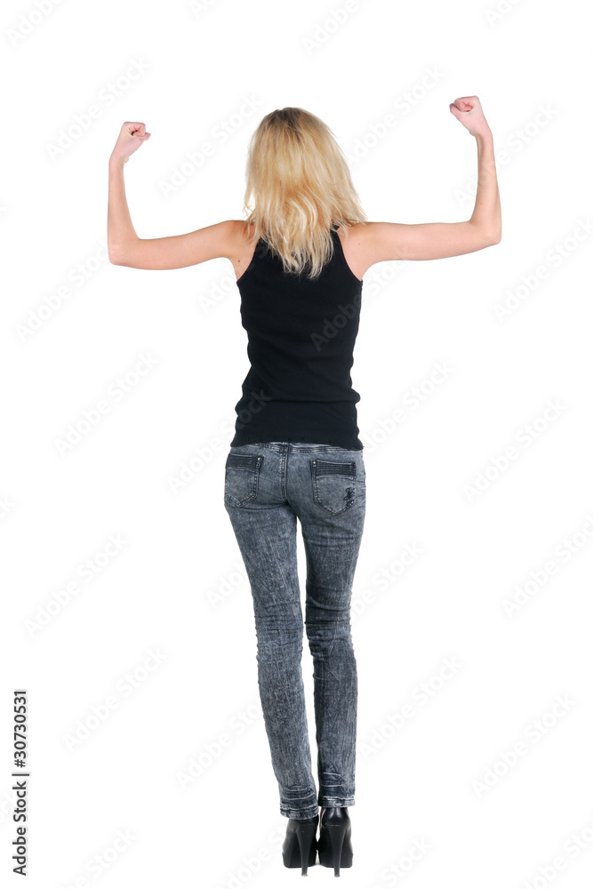 Blonde shows a biceps. Rear view. Blonde shows a biceps. Rear view.