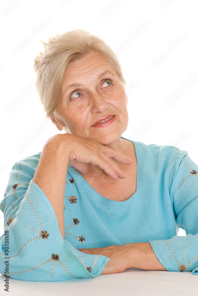 older woman on a white