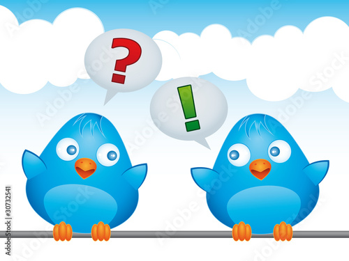 Two blue birds with FAQ balloons