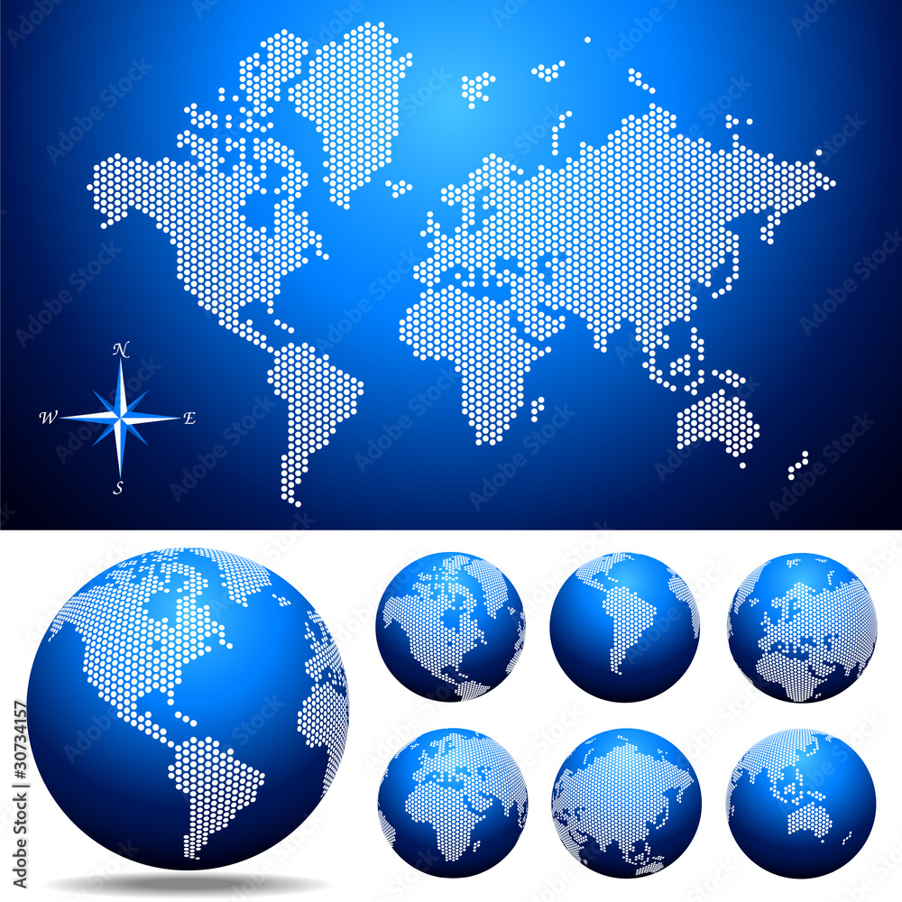 Naklejka premium Vector dotted 3D Map and Globe of the World continent, Blue set: America, Asia, Europe, Africa, Australia, illustration Silhouettes