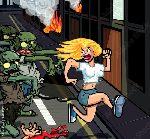 Cartoon zombies chasing woman