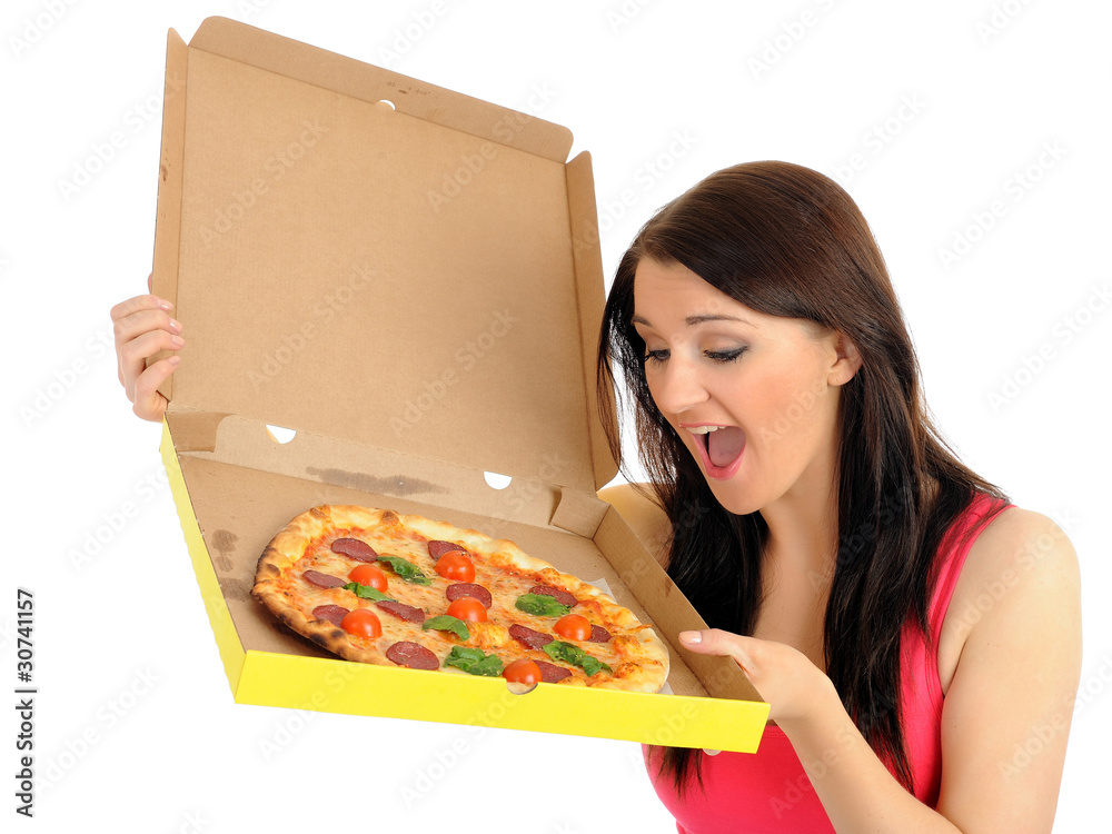 Pretty young casual girl with tasty pizza in delivery paper box. Pretty young casual girl with tasty pizza in delivery paper box.