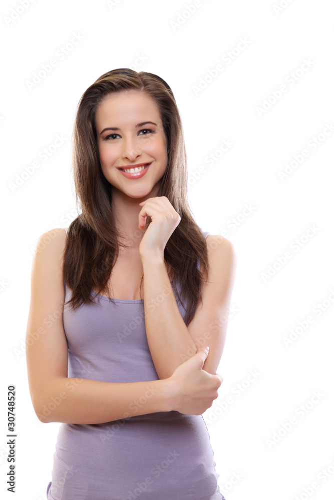 happy young brunette woman isolated on white happy young brunette woman isolated on white