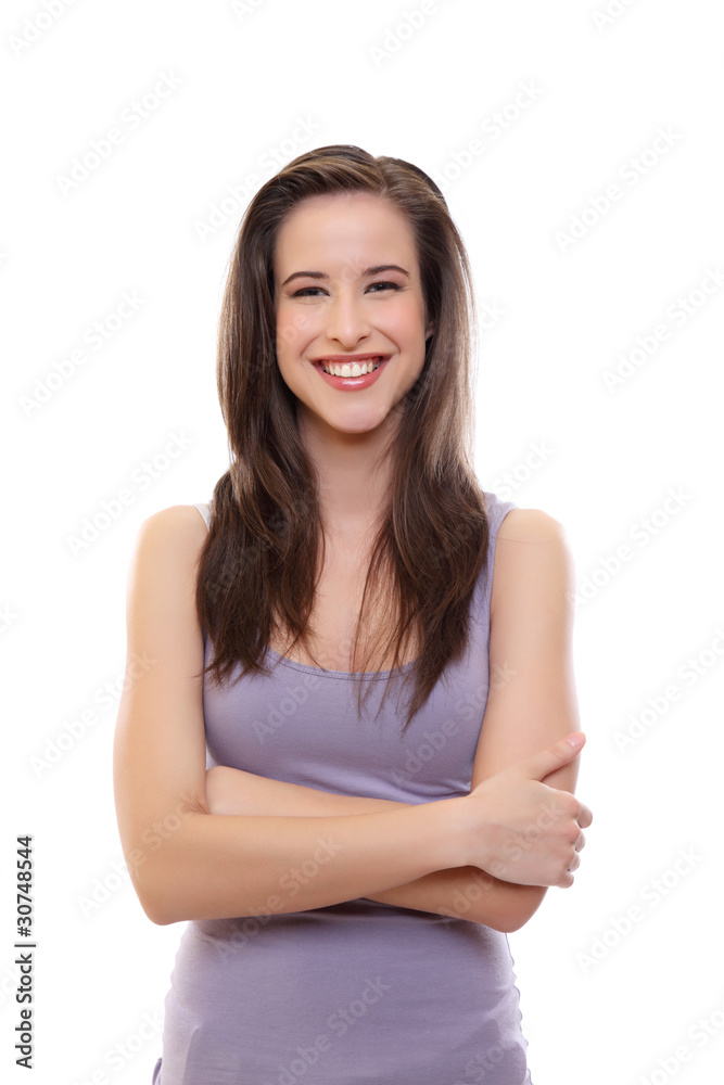 happy young brunette woman isolated on white happy young brunette woman isolated on white