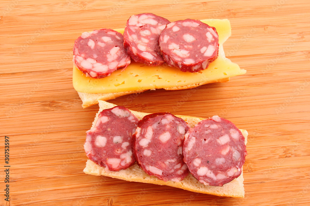 Sandwiches with sausage, cheese and bread Sandwiches with sausage, cheese and bread