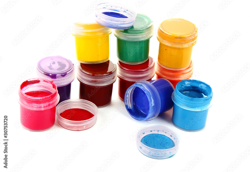 Colorful vibrant cans of gouache isolated on white Colorful vibrant cans of gouache isolated on white