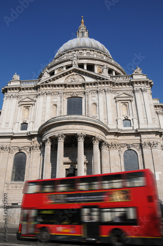 Red London bus and Christopher Wrens St Pauls Cathedral