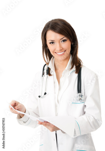 Happy female doctor with prescription documents  isolated