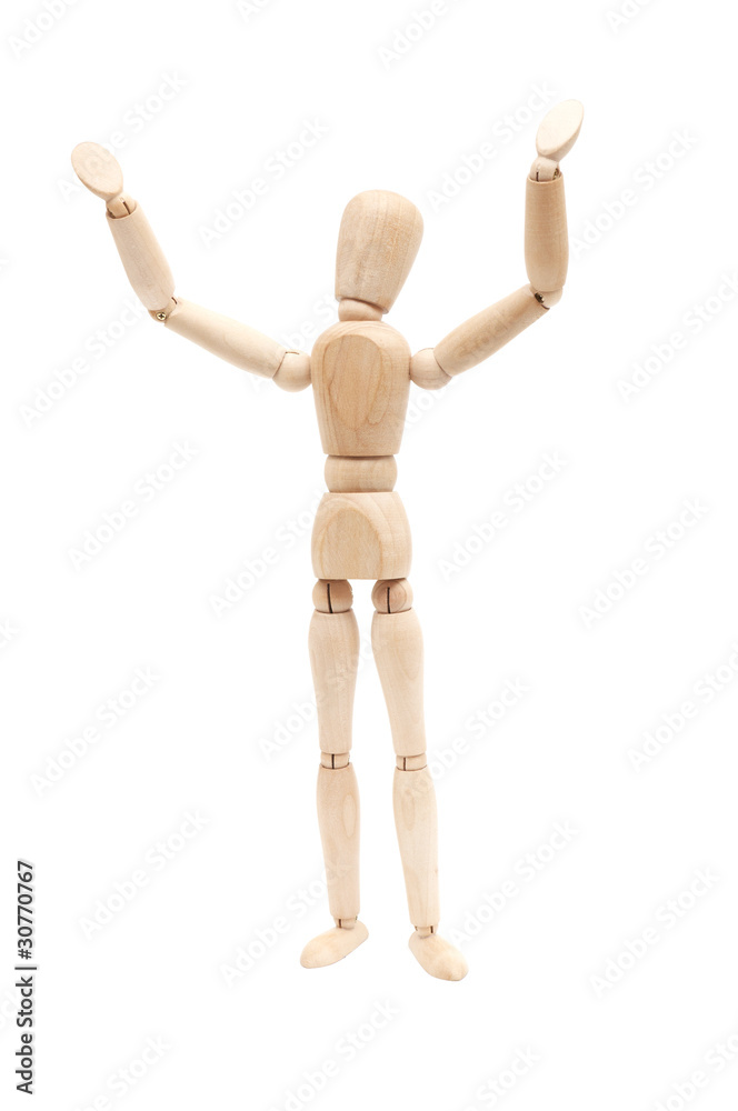 Wooden figure with hands raised Wooden figure with hands raised