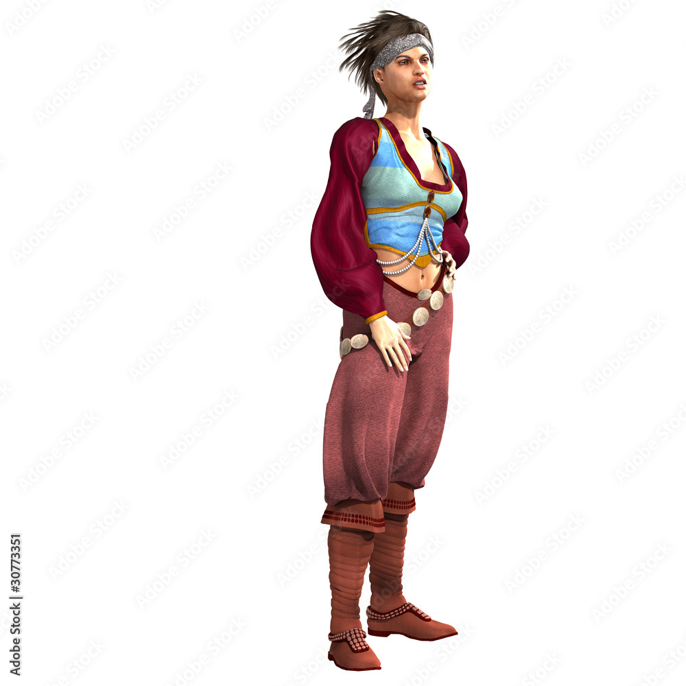 attractive female fantasy pirate. 3D rendering over white attractive female fantasy pirate. 3D rendering over white