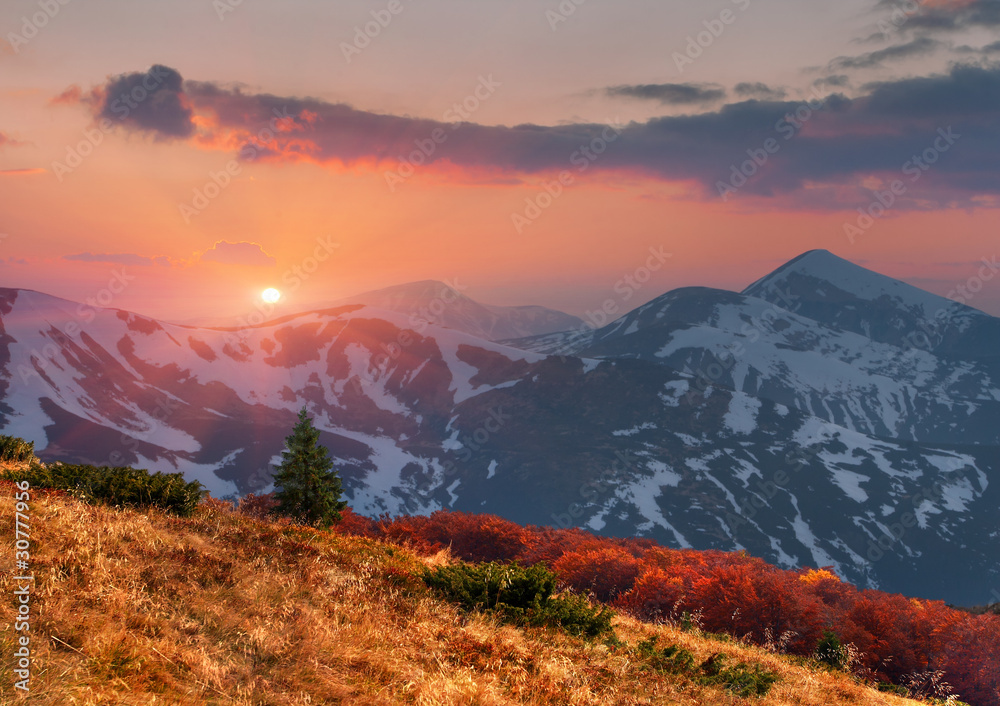 Autumn landscape in the mountains. Sunset
