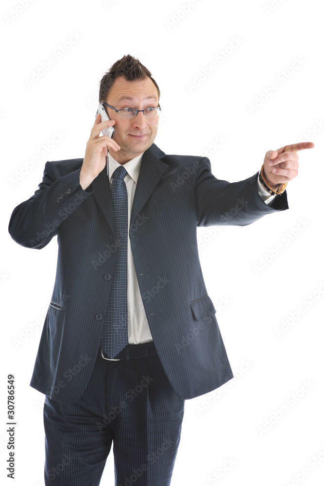one businessman with cellphone isolated on white one businessman with cellphone isolated on white