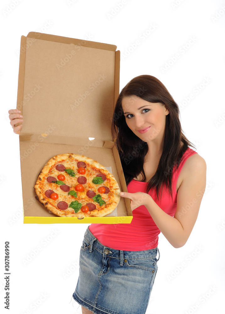 Pretty young casual girl with tasty pizza in delivery paper box. Pretty young casual girl with tasty pizza in delivery paper box.