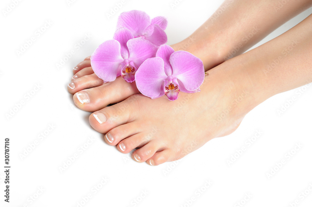 Beautiful feet with perfect spa french nail pedicure.isolated