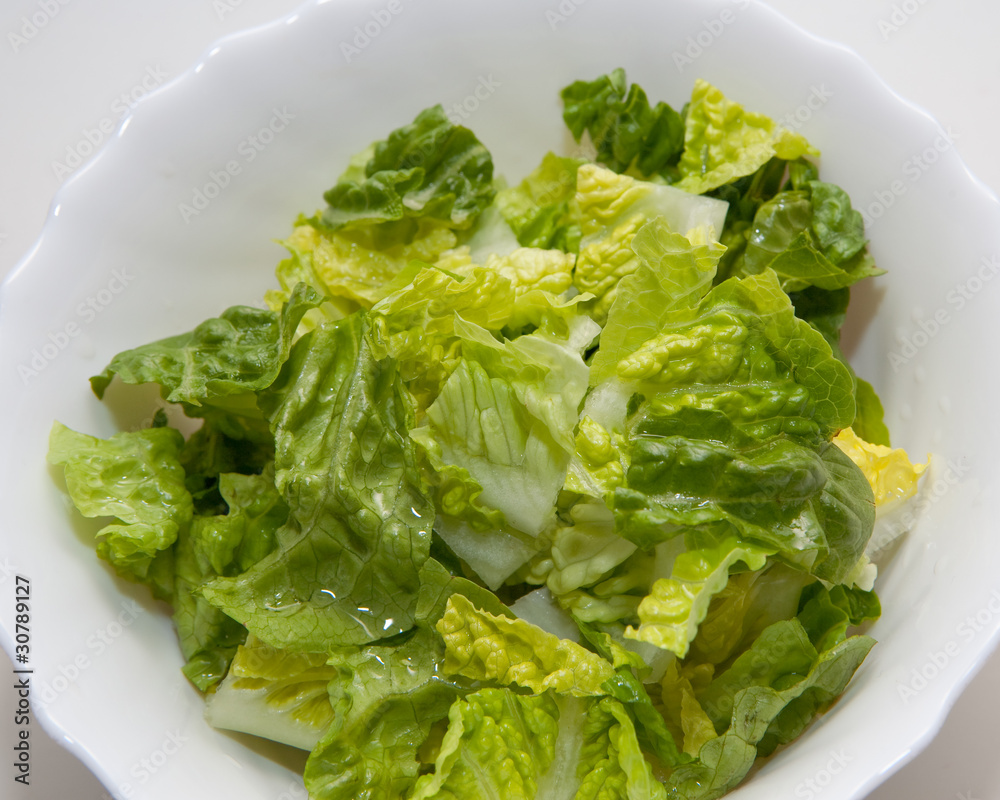 frischer, grüner Salat in einer weißen Schüssel frischer, grüner Salat in einer weißen Schüssel