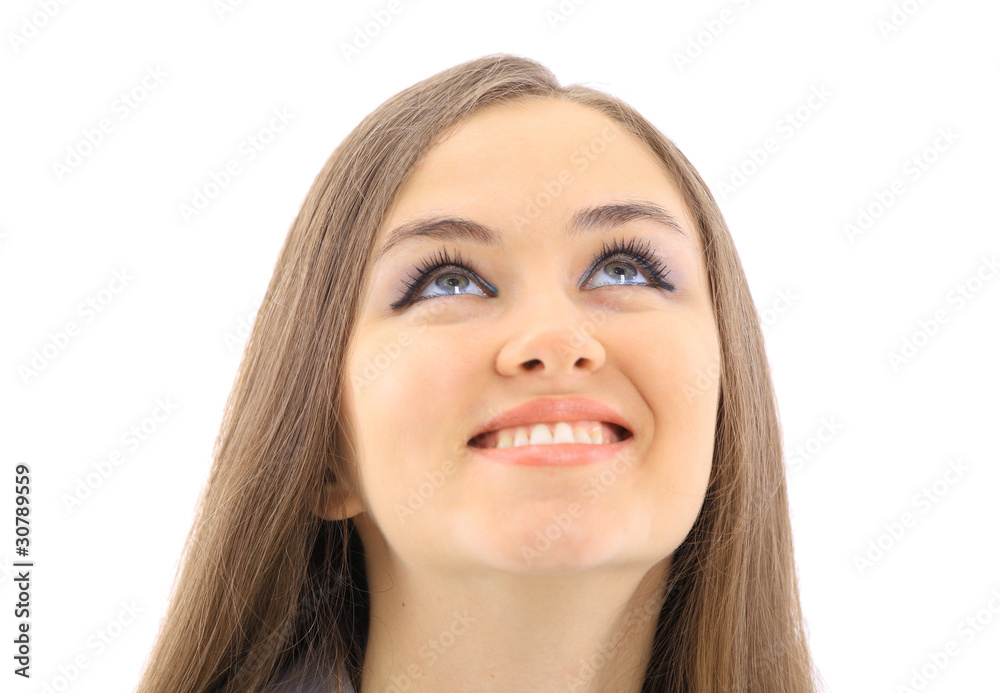 Isolated young woman looking upwards