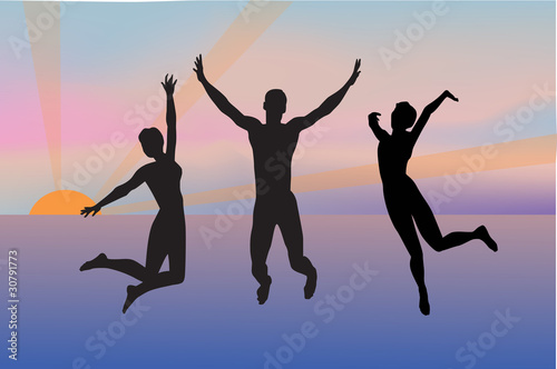 three jumping silhouettes on sea sunset background