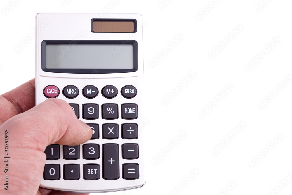 Calculating, hand with calculator isolated over white Calculating, hand with calculator isolated over white