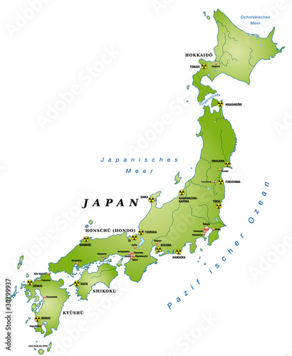 Japan Umrisskarte gürn mit Städten und AKW