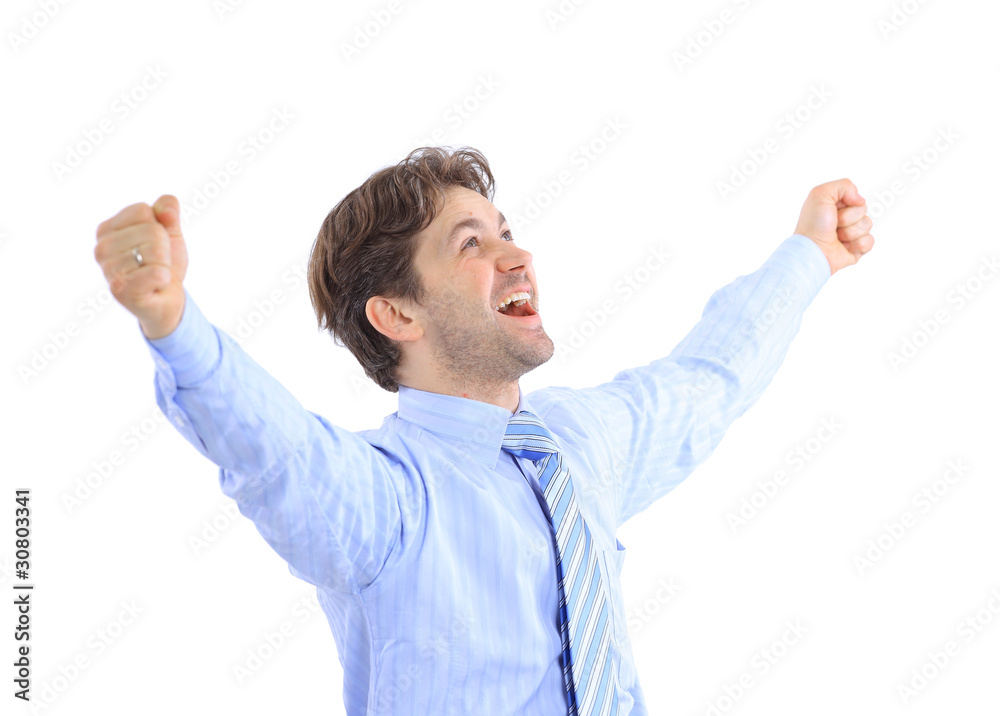 One very happy energetic businessman with his arms raised One very happy energetic businessman with his arms raised