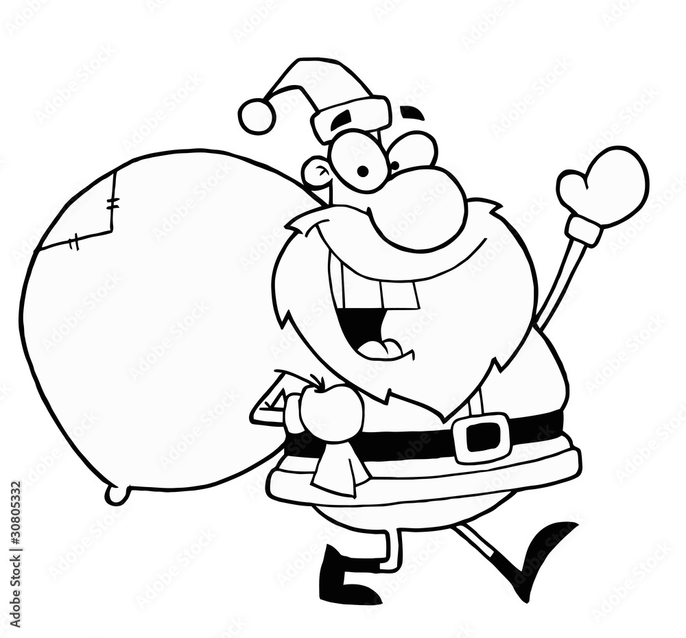 Black And White Coloring Page Outline Of A Santa With A Sack