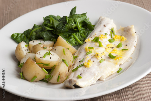 Seabass with new potatoes and spinach