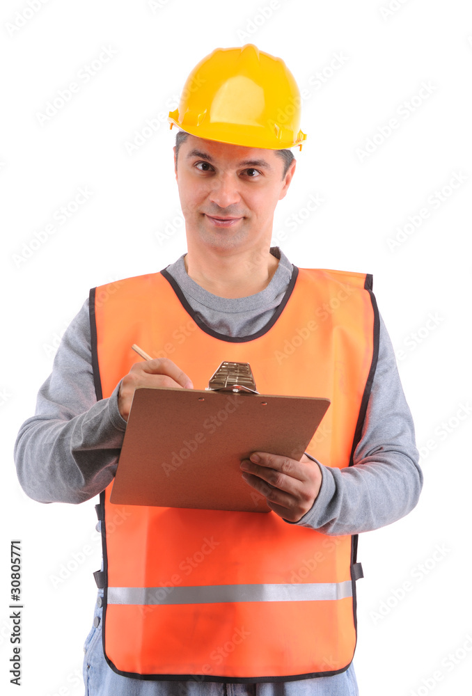 Construction worker with clipboard on hand over white background Construction worker with clipboard on hand over white background
