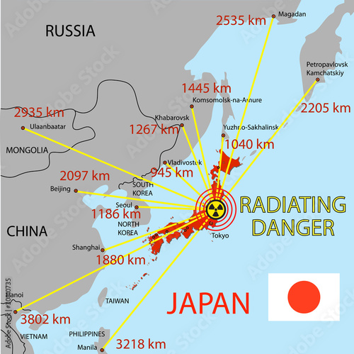 Japan map with danger on an atomic power station