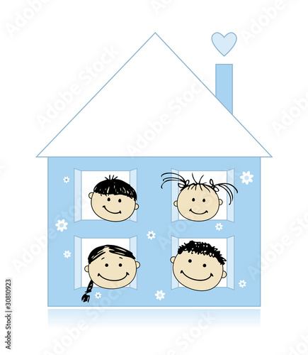 Happy family at own house smiling together, drawing sketch