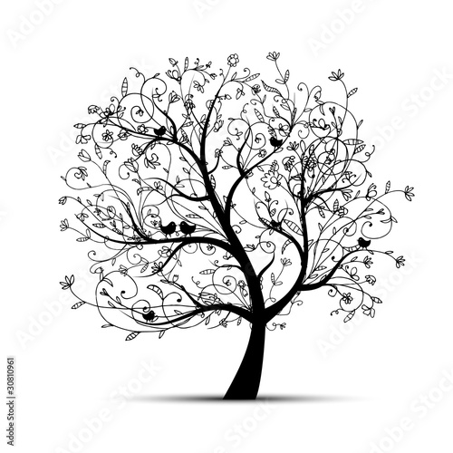 Art tree beautiful, black silhouette for your design